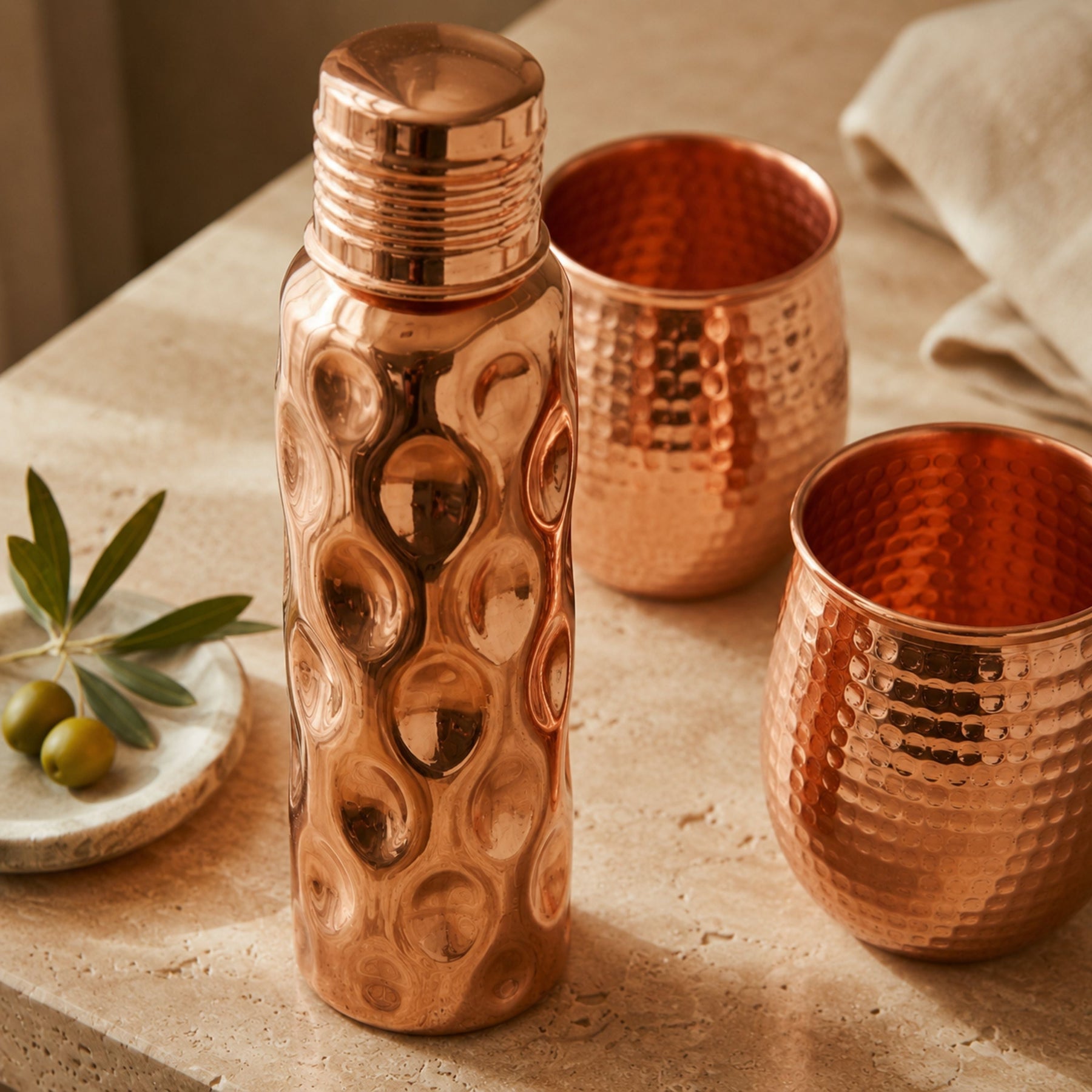 Hammered Pure Copper Water Bottle & Tumblers Gift Set