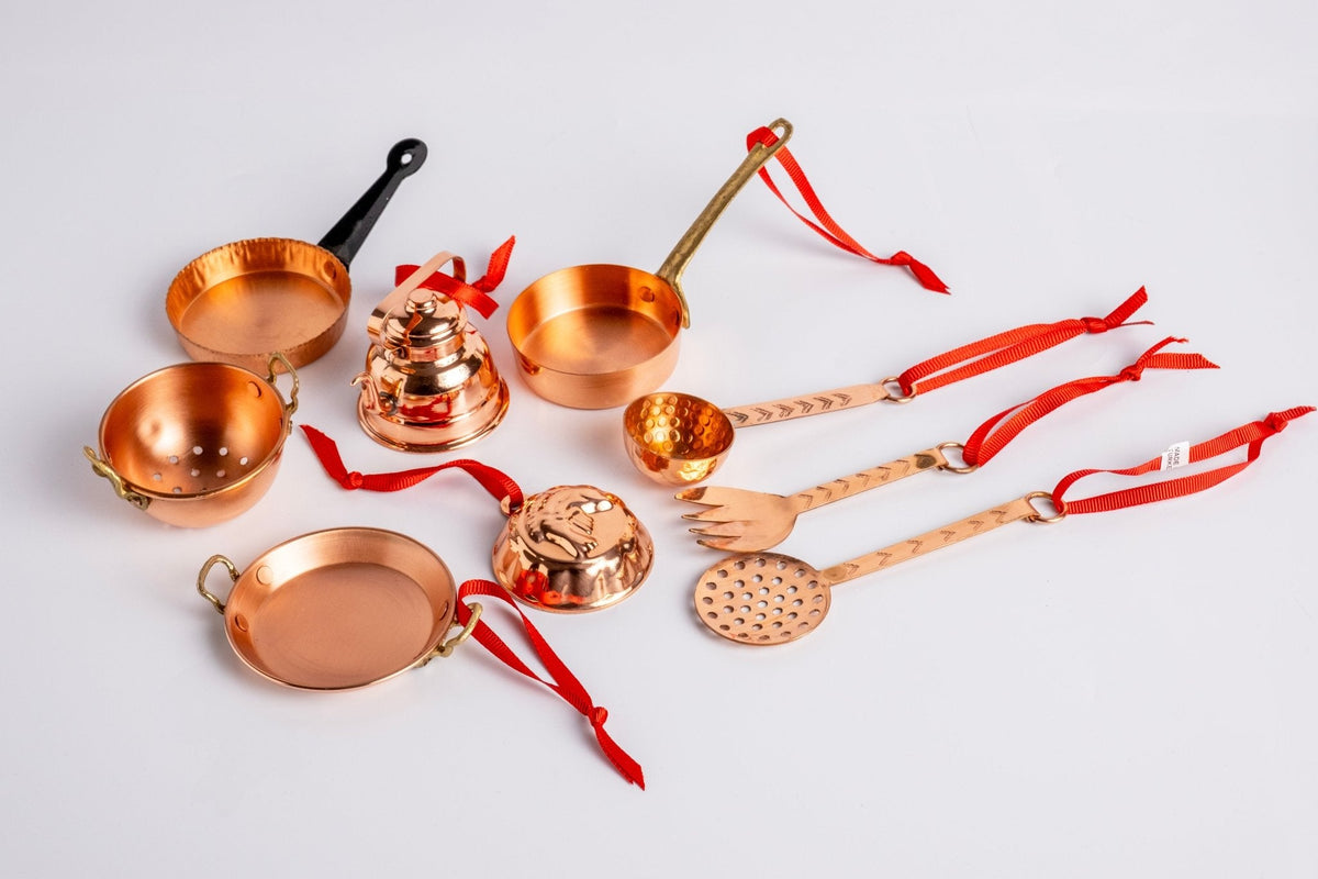 Handmade Solid Copper Miniature Kitchen Utensil Set – Collectible Decor & Ornaments (Set of 9) - Alfiq's Store