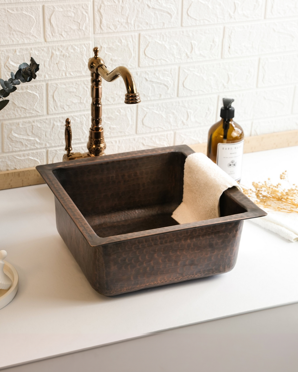 Dark Copper Square Kitchen Vessel Sink – Handmade Hammered Farmhouse Sink with Drain Cap - Alfiq's Store