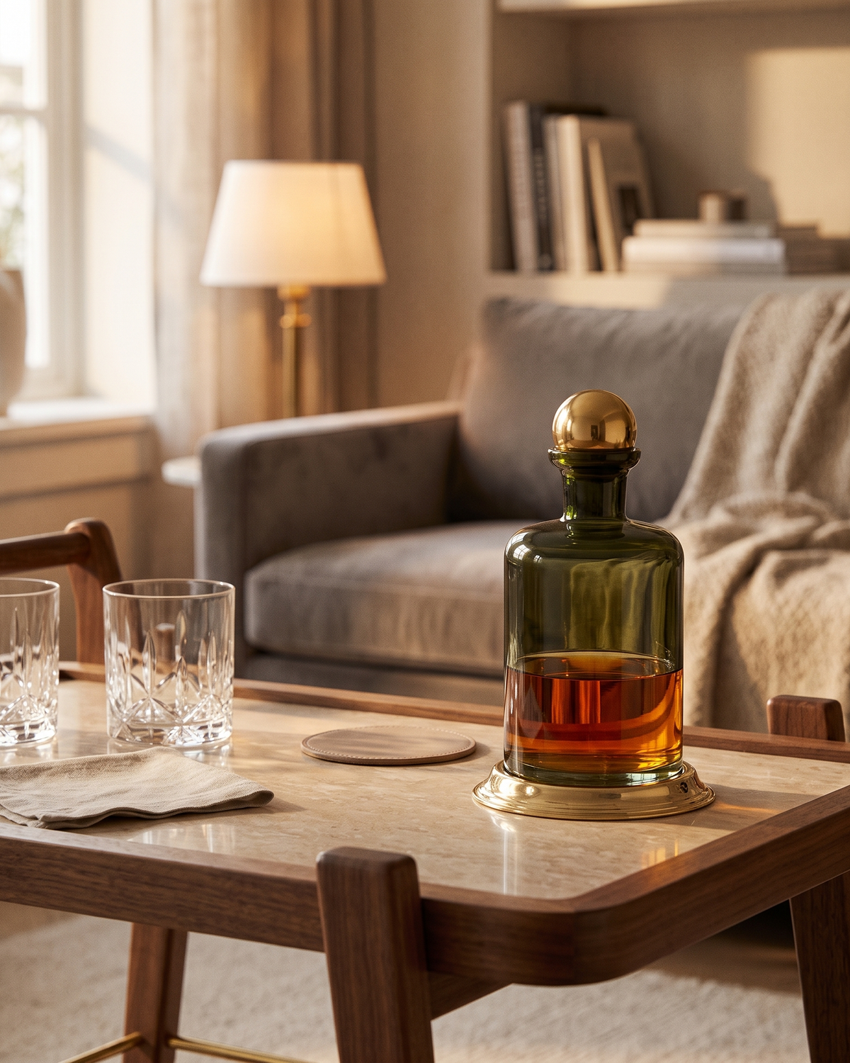 Glass Decanter with Brass Base & Sphere Lid (One Piece)
