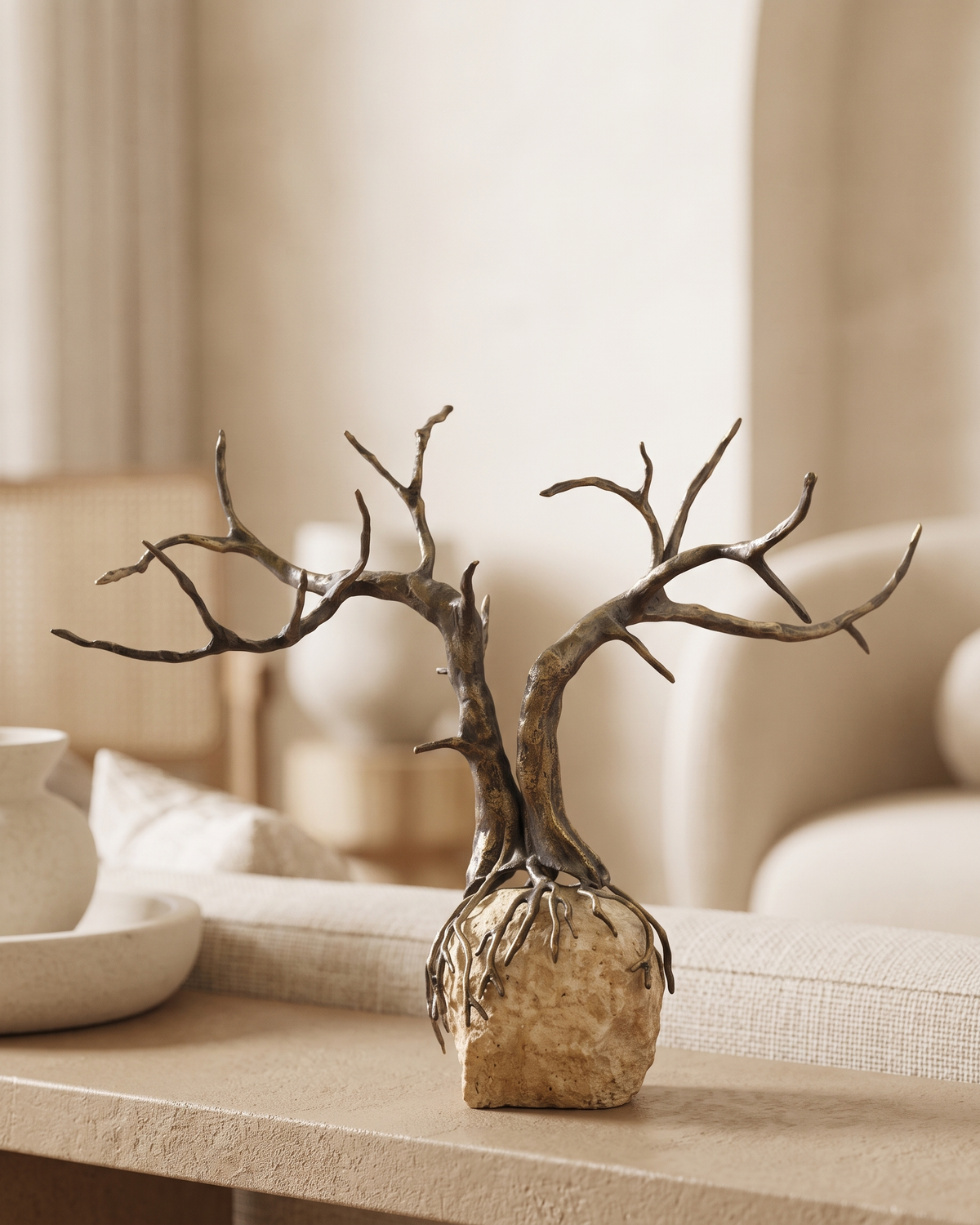 Dry Tree Decorative Object - styled on a warm beige console in a cosy interior
