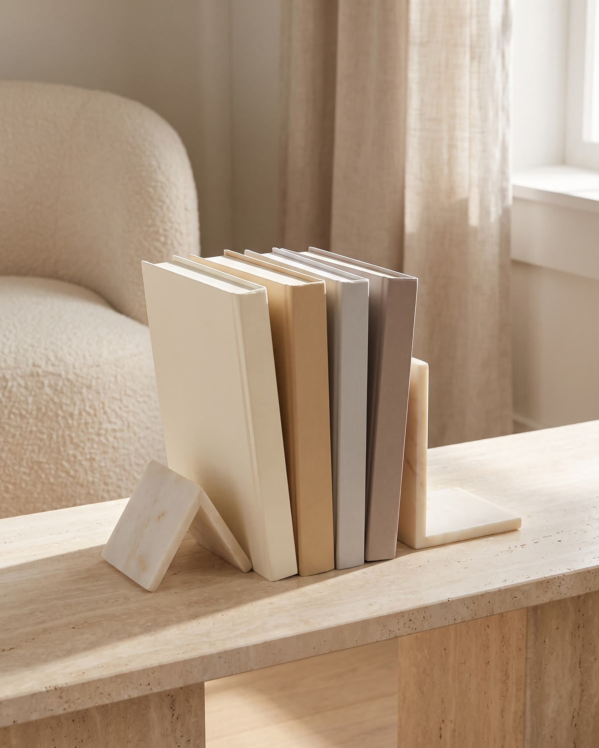 Geometric Marble Bookend Set - styled on a travertine console holding plain books
