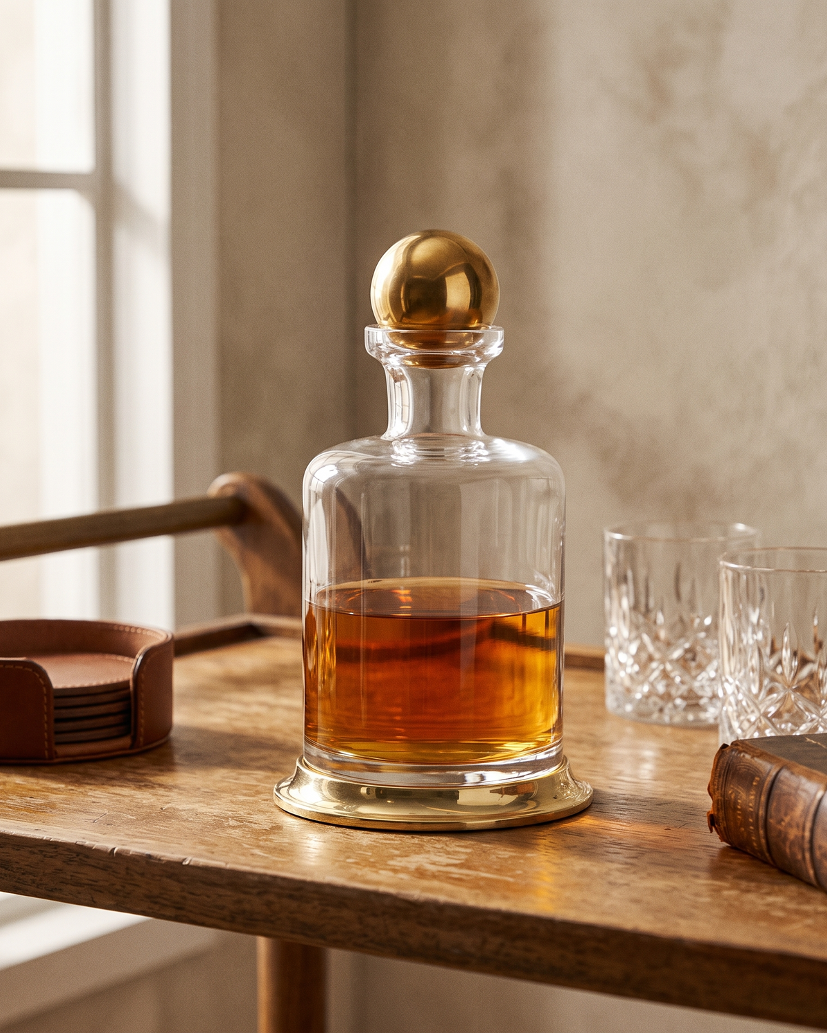Glass Decanter with Brass Base & Sphere Lid (One Piece) styled in a warm interior