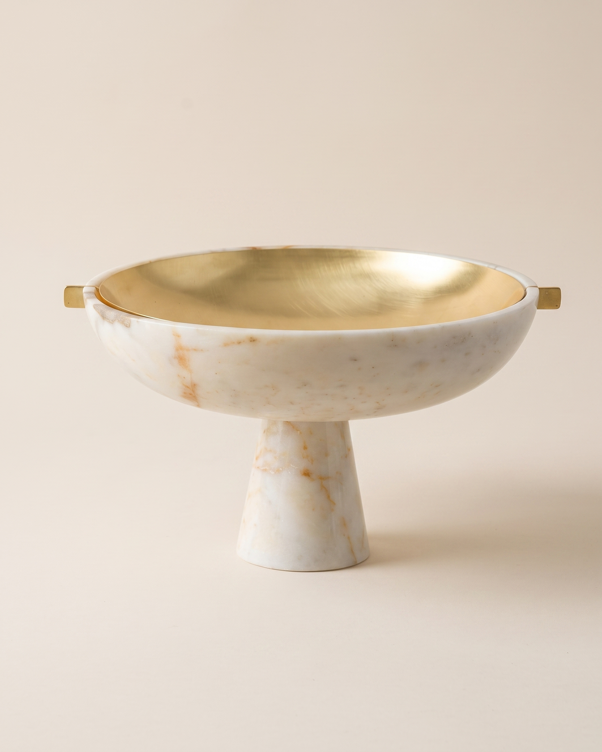 Handled Marble Bowl with Inner Brass Bowl III on a pale ivory studio background