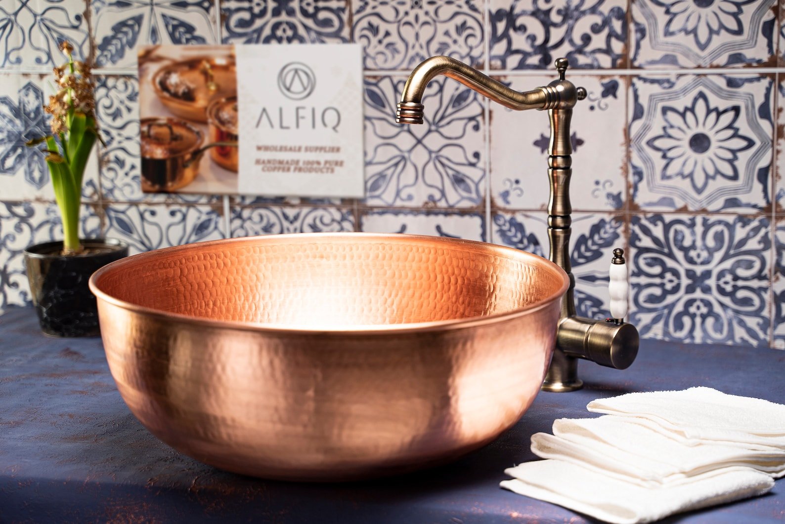 Handmade Matte Copper Sink Washbasin – Hammered Vessel Sink with Drain Cap - Alfiq's Store