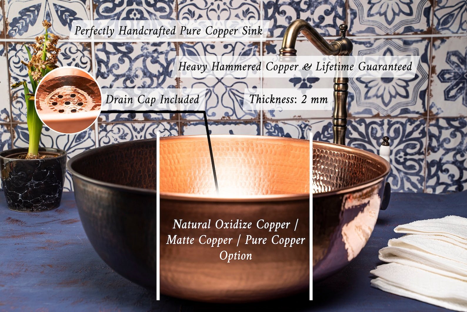 Handmade Matte Copper Sink Washbasin – Hammered Vessel Sink with Drain Cap - Alfiq's Store