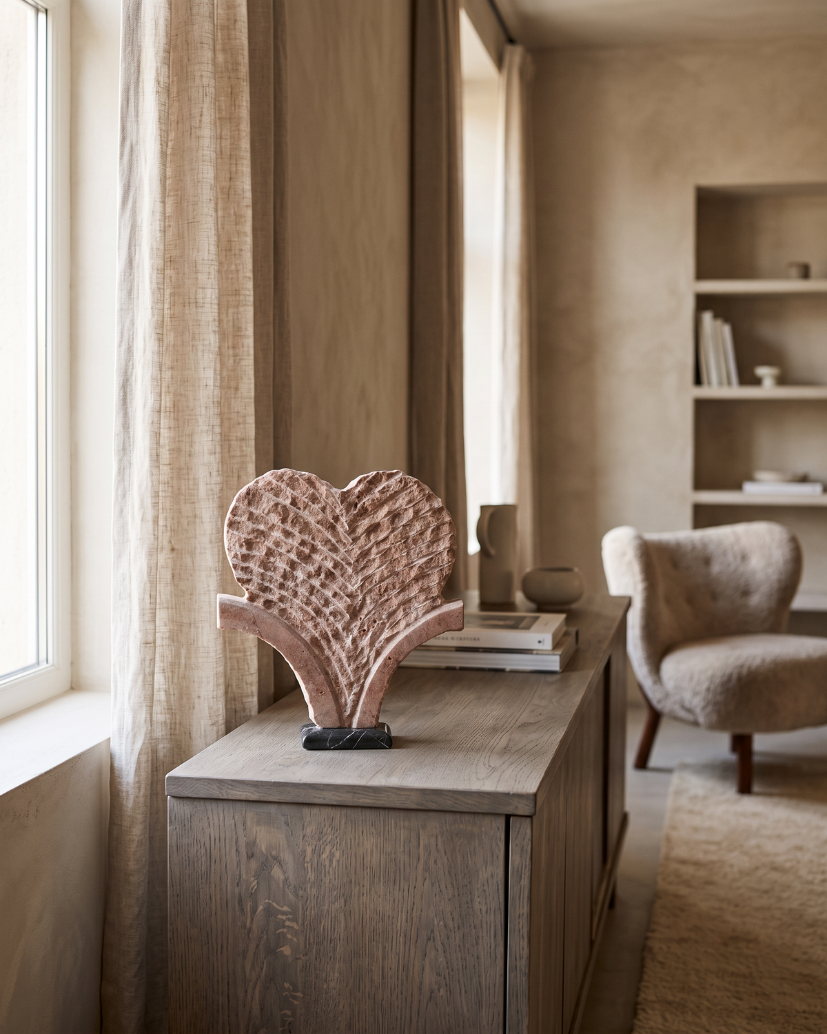 Hand-Carved Marble Palm Fan Sculpture (One Piece) styled in a warm interior