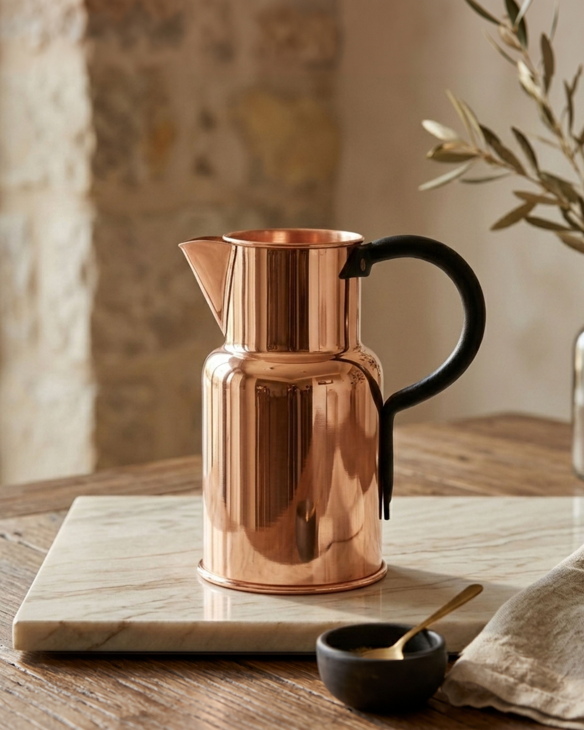 Handmade Solid Copper Water Pitcher – Vintage Farmhouse Jug with Black Handle (1000 ml)