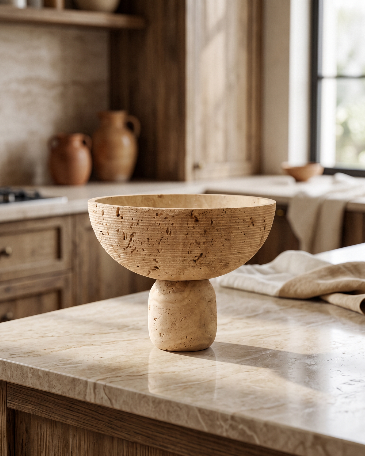 Travertine Pedestal Bowl (One Piece) styled in a warm interior