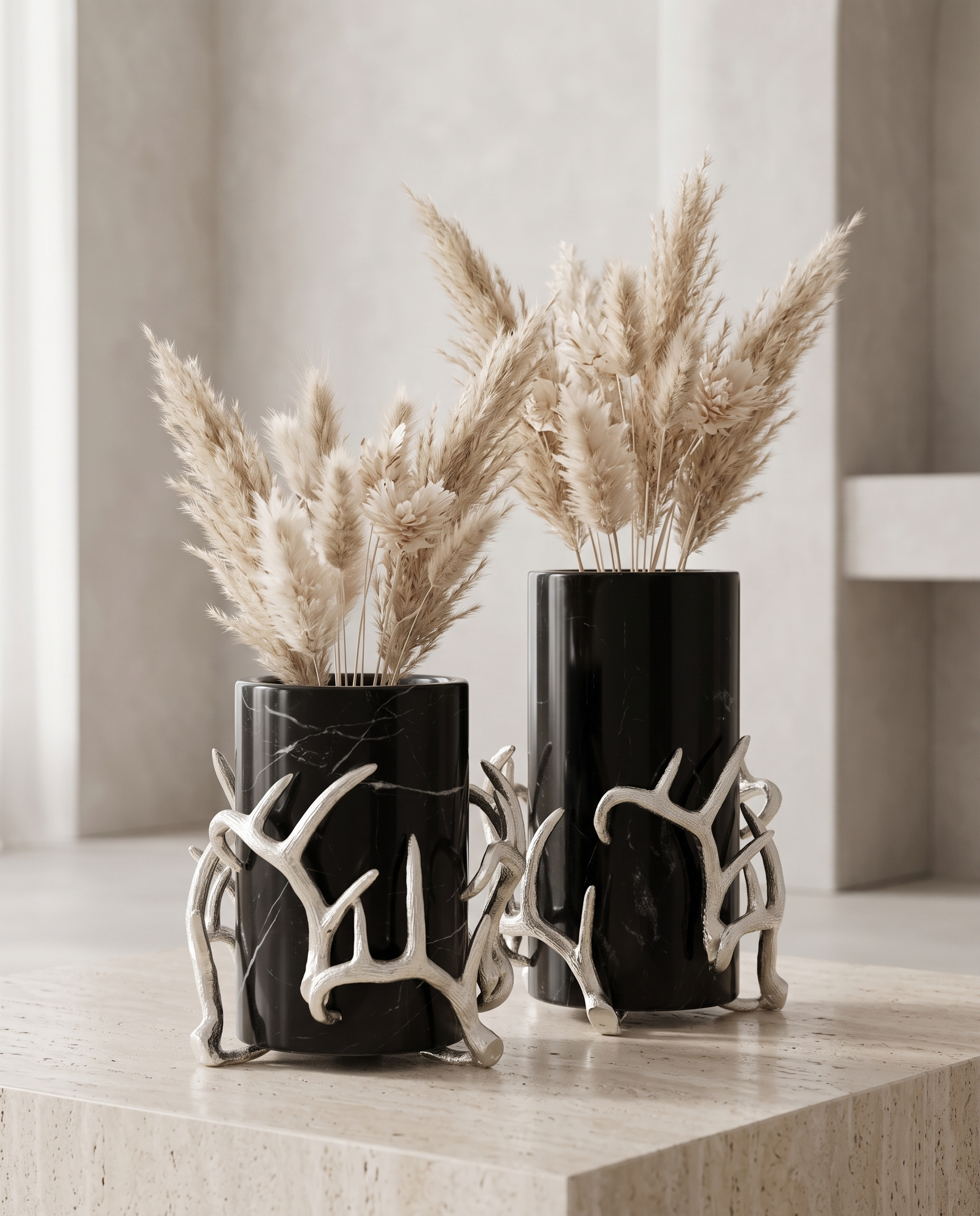 Black Marble Vase Set of 2 with Silver Antler Accents