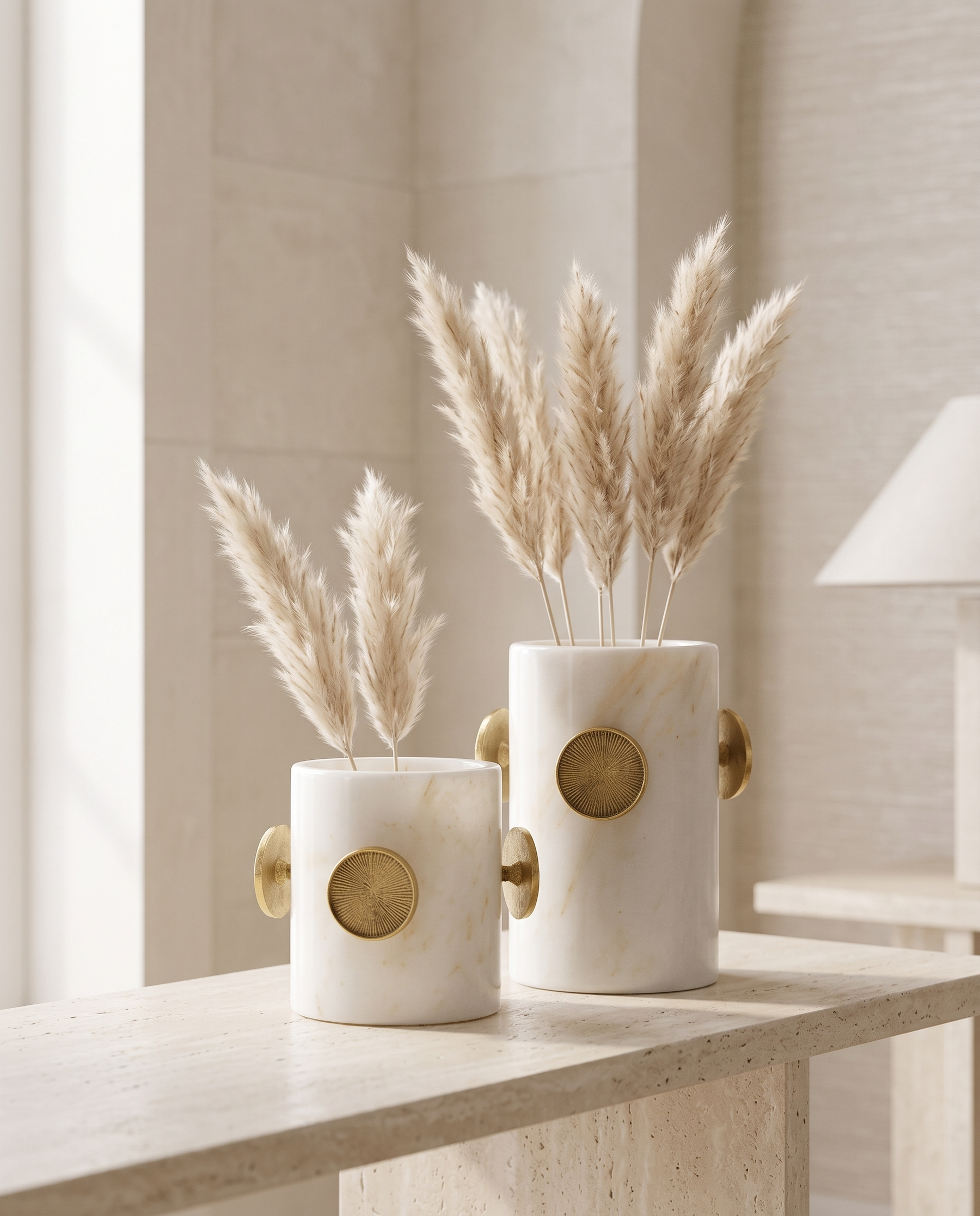 Button Detail White Marble Decorative Vase - Set of 2