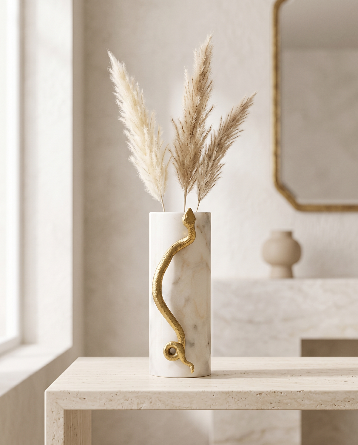Serpent Vase – White Marble with Aged Brass Sculptural Detail