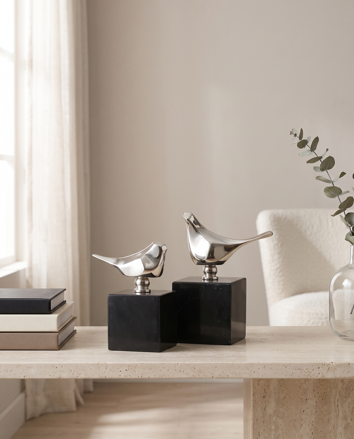 Silver Bird Sculptures on Black Marble Base – Set of 2