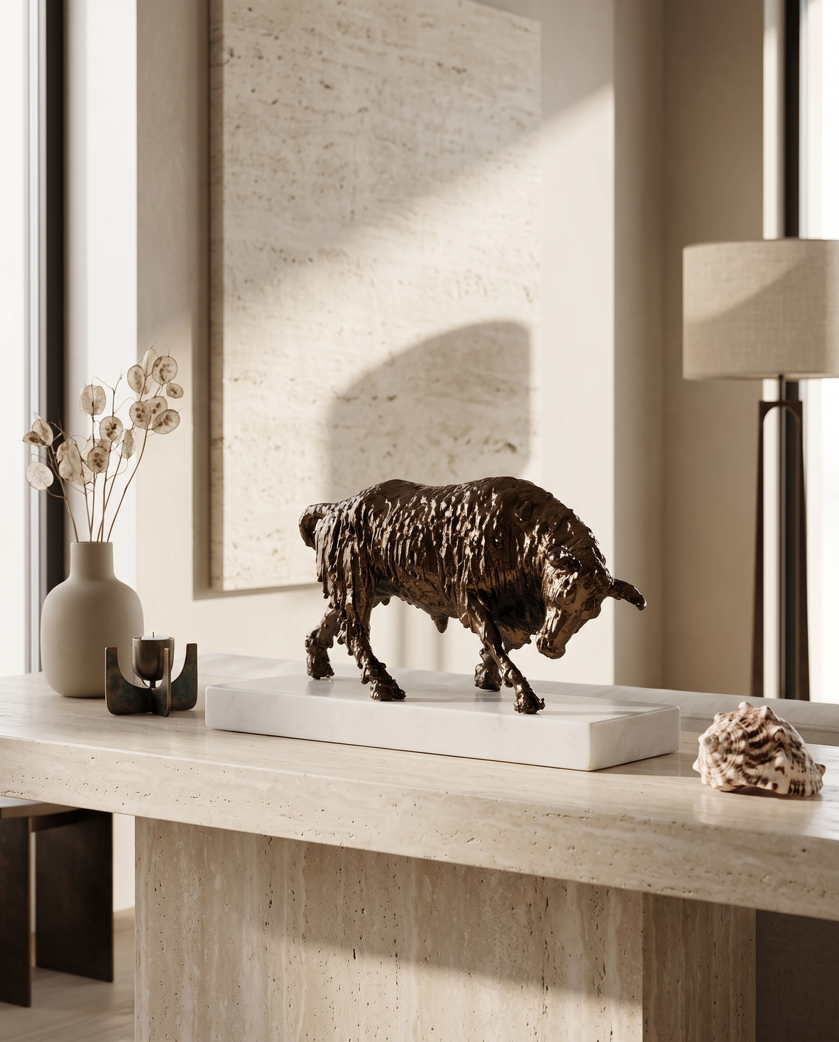 Bronze Bull Sculpture On White Marble Base