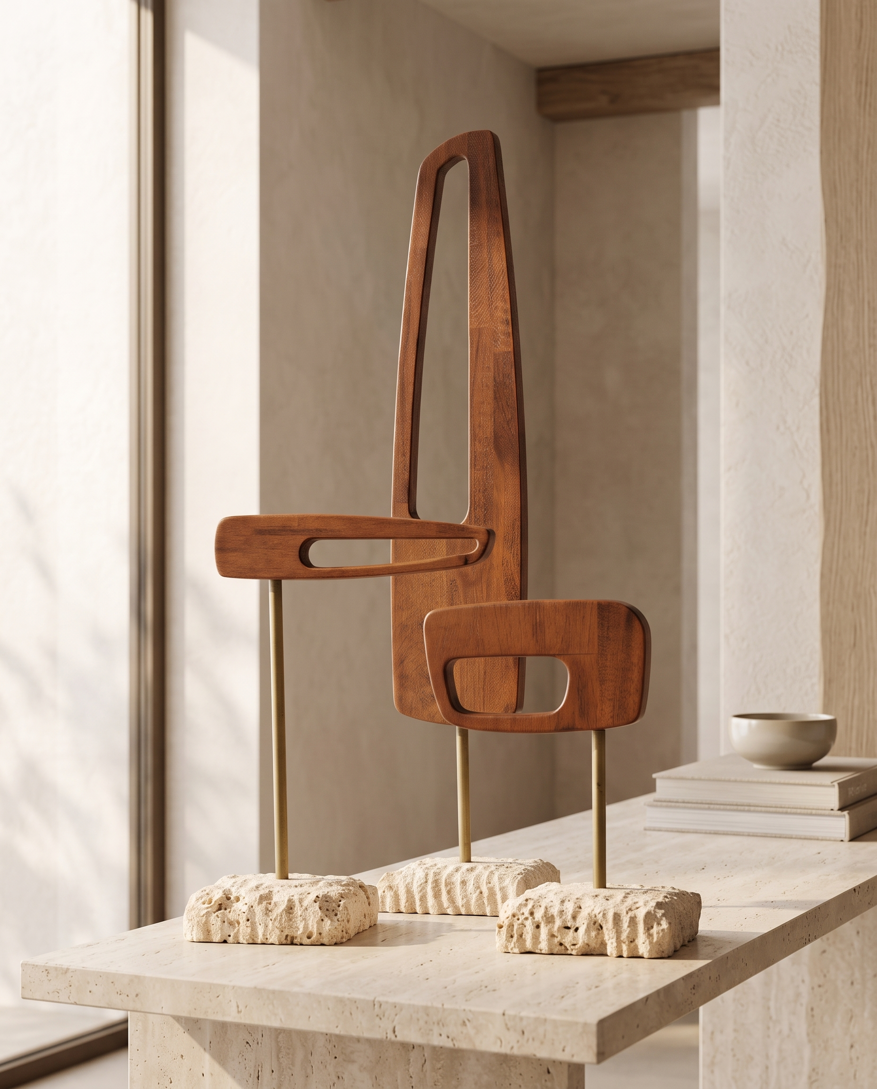Wooden Flag Abstract Sculpture with Travertine Base – Modern Natural Home Decor