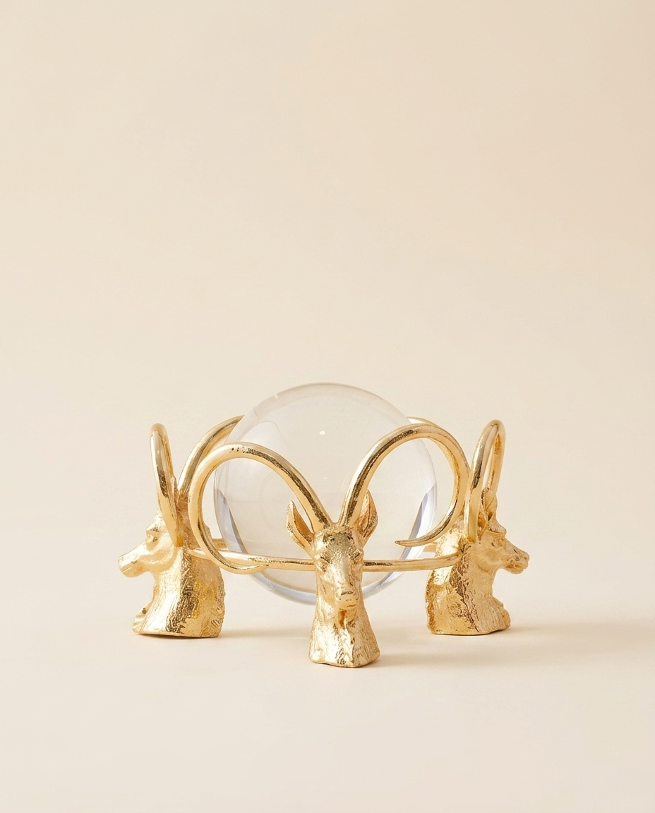 Golden Ram Trio with Crystal Sphere - warm ivory studio hero shot