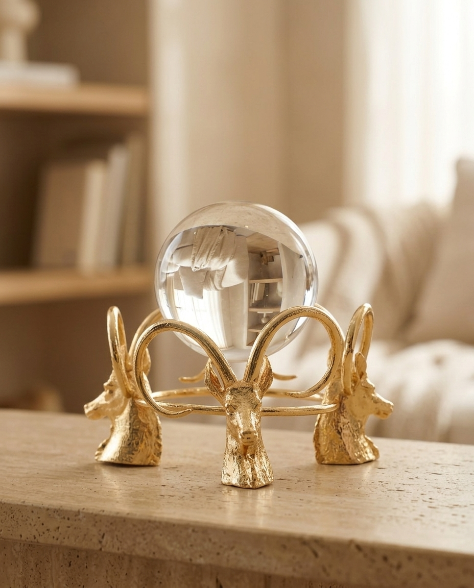 Golden Ram Trio with Crystal Sphere - styled warm beige console scene