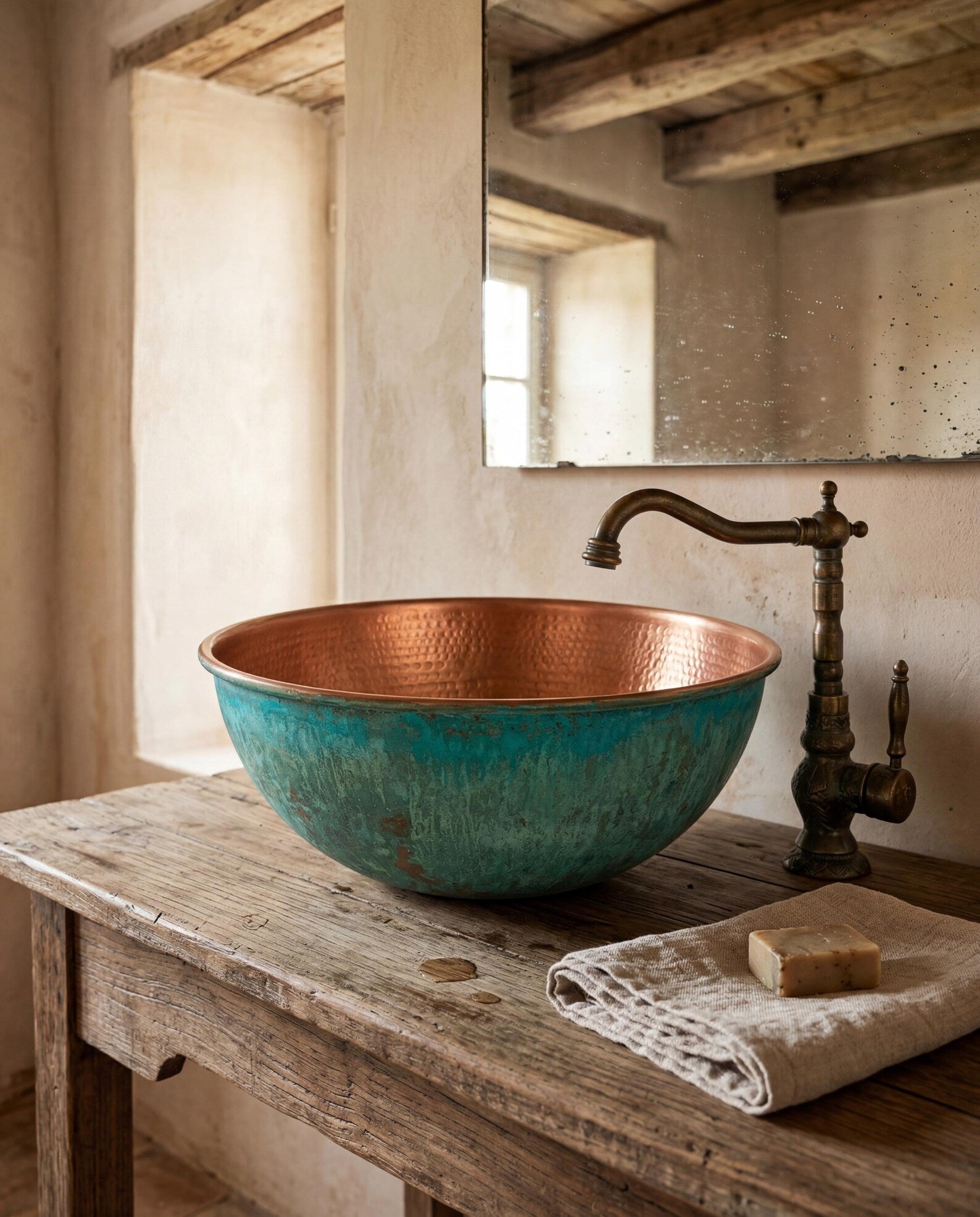 Hammered Verdigris Copper Vessel Sink & Rustic Bathroom Vanity Basin – view 5