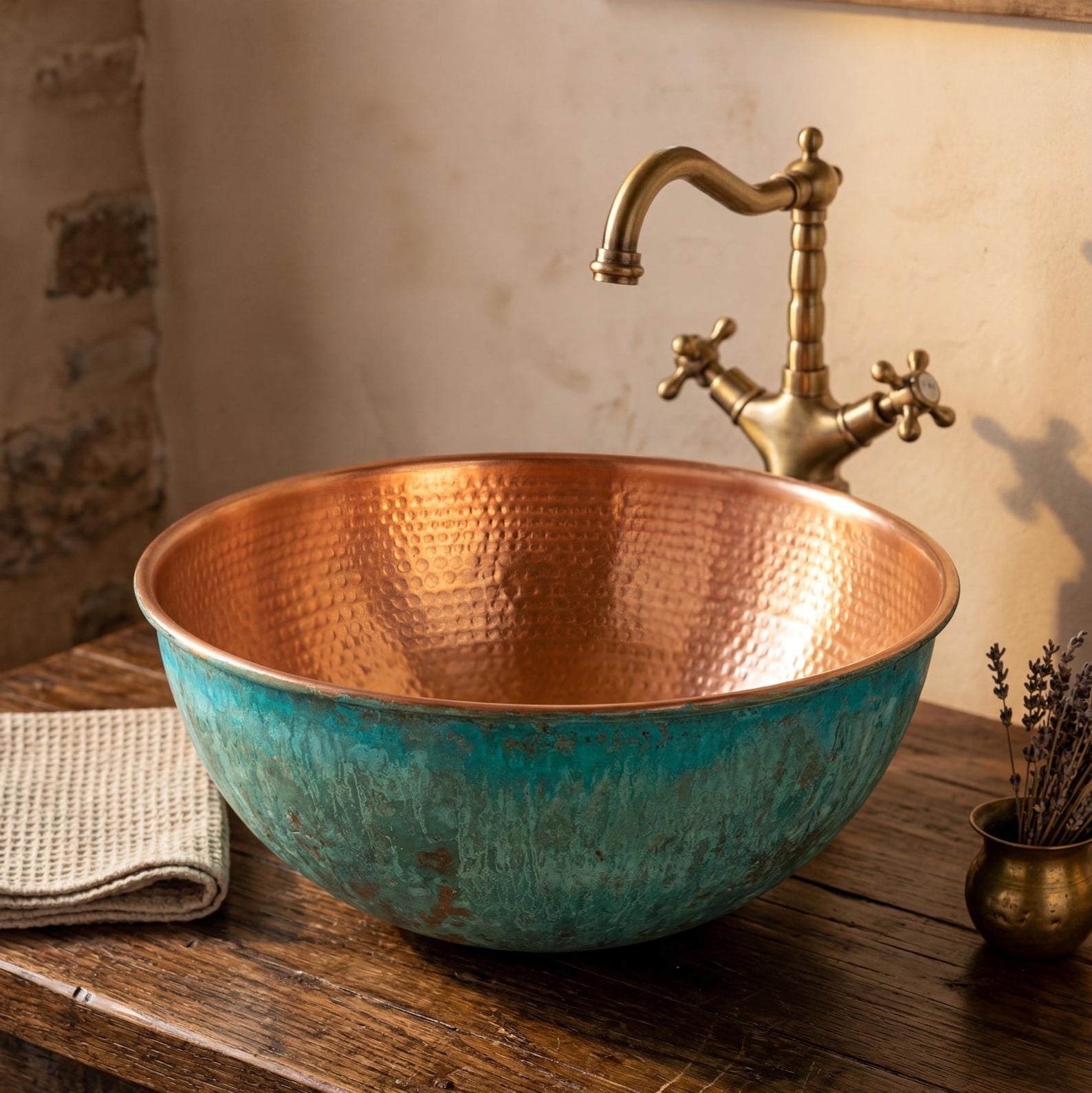 Hammered Verdigris Copper Vessel Sink & Rustic Bathroom Vanity Basin