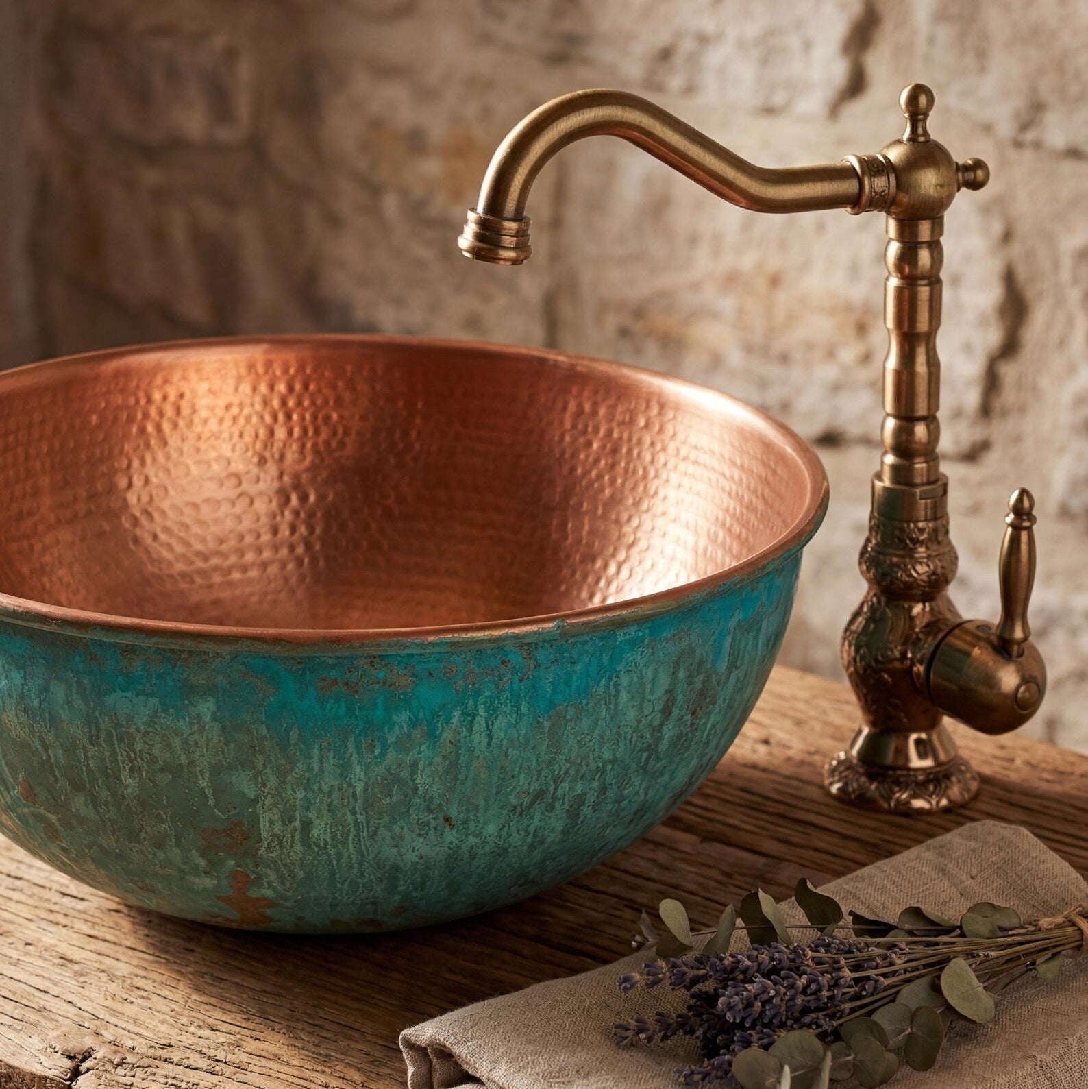 Hammered Verdigris Copper Vessel Sink & Rustic Bathroom Vanity Basin – view 2