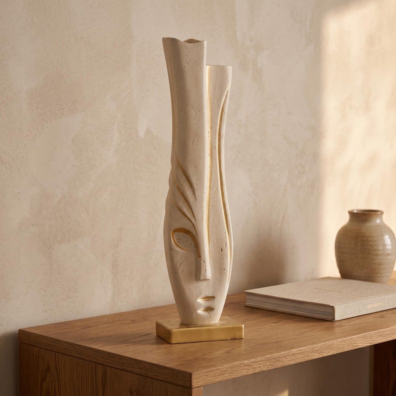 Travertine Face Sculpture with Gold Base