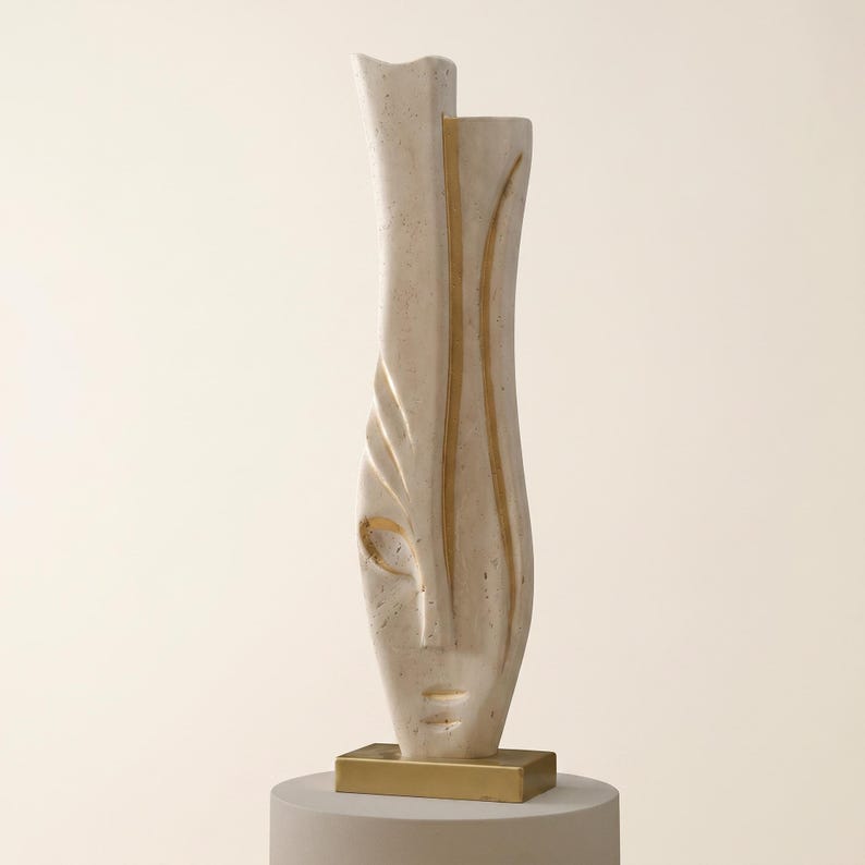 Travertine Face Sculpture with Gold Base