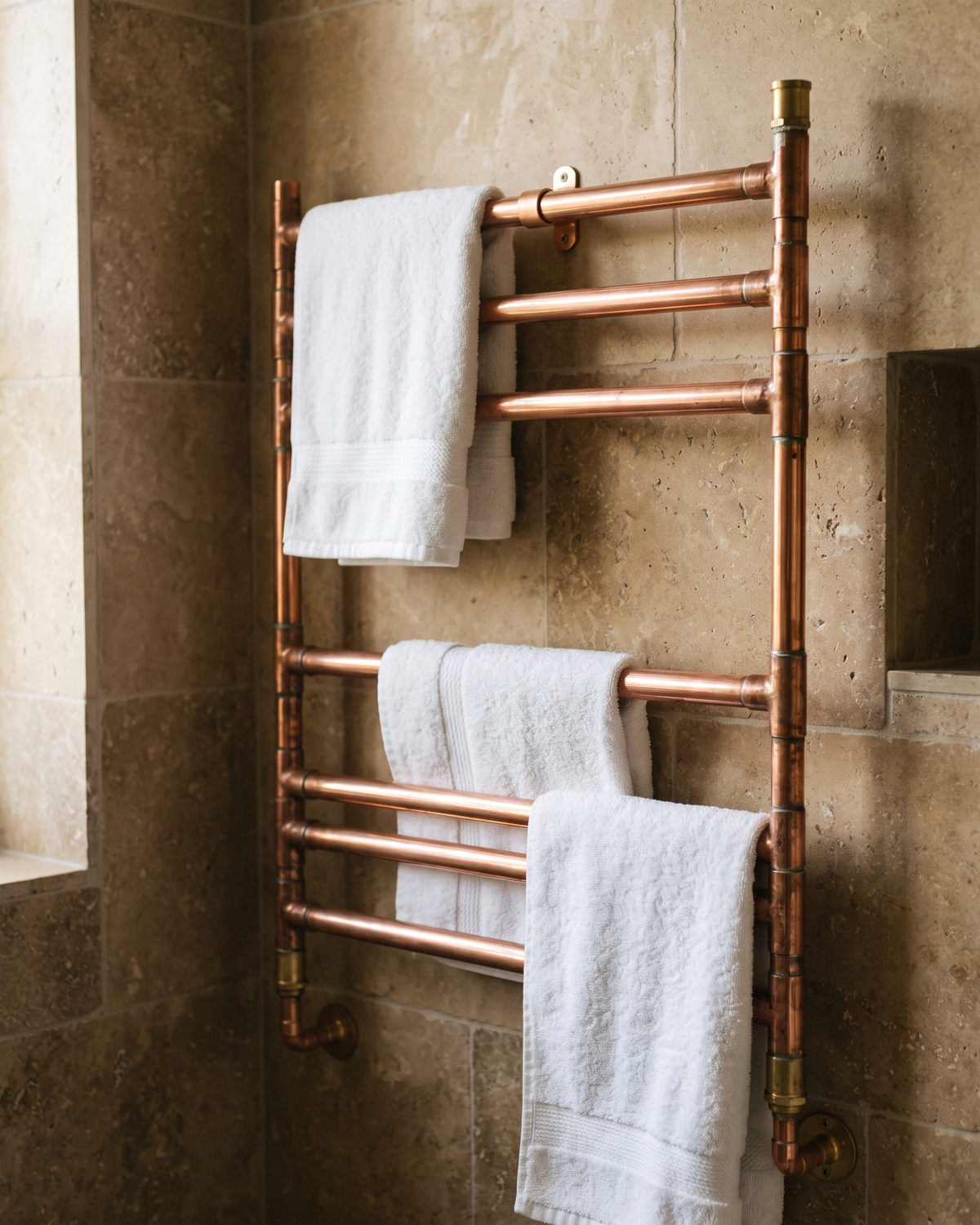 Heated Towel Rail – 100% Solid Copper Pipe, Industrial Design – in use