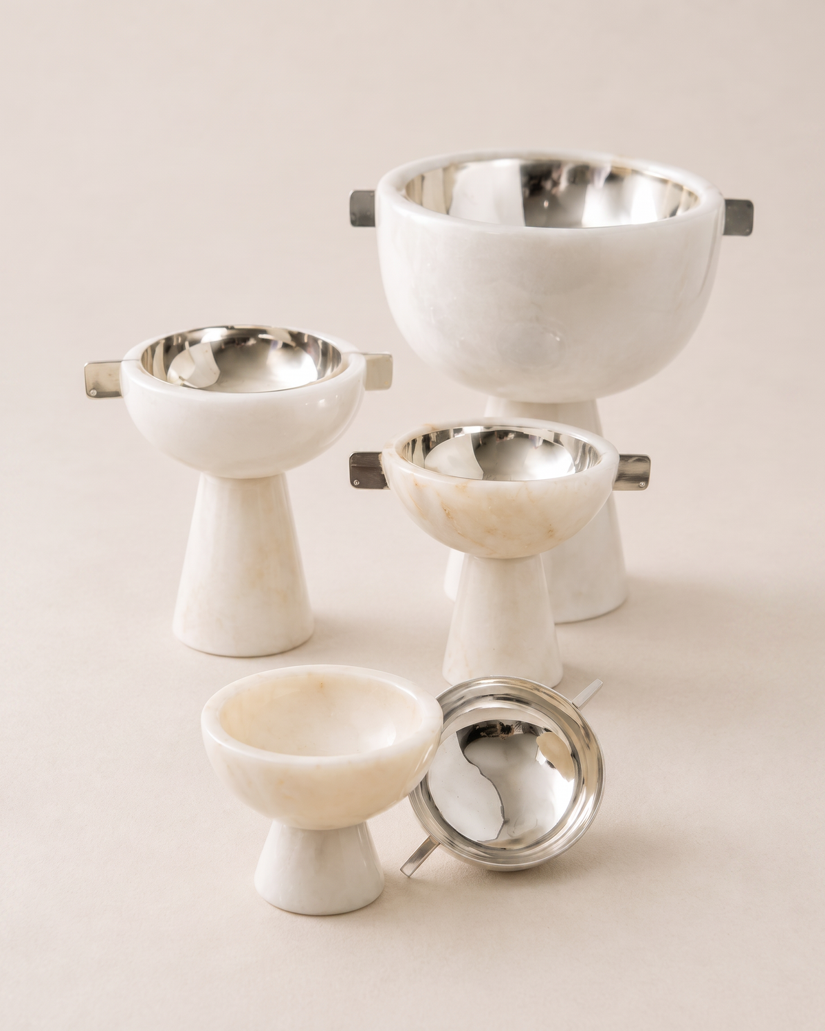 Handled Marble Bowl with Brass Interior – White Marble Decorative Bowl on a pale ivory studio background