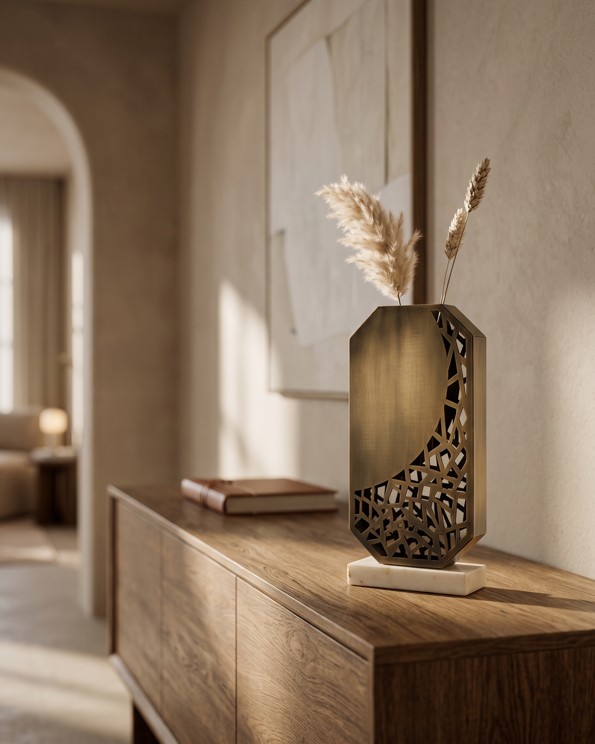 Laser-Cut Bronze Vase (One Piece) styled in a warm interior