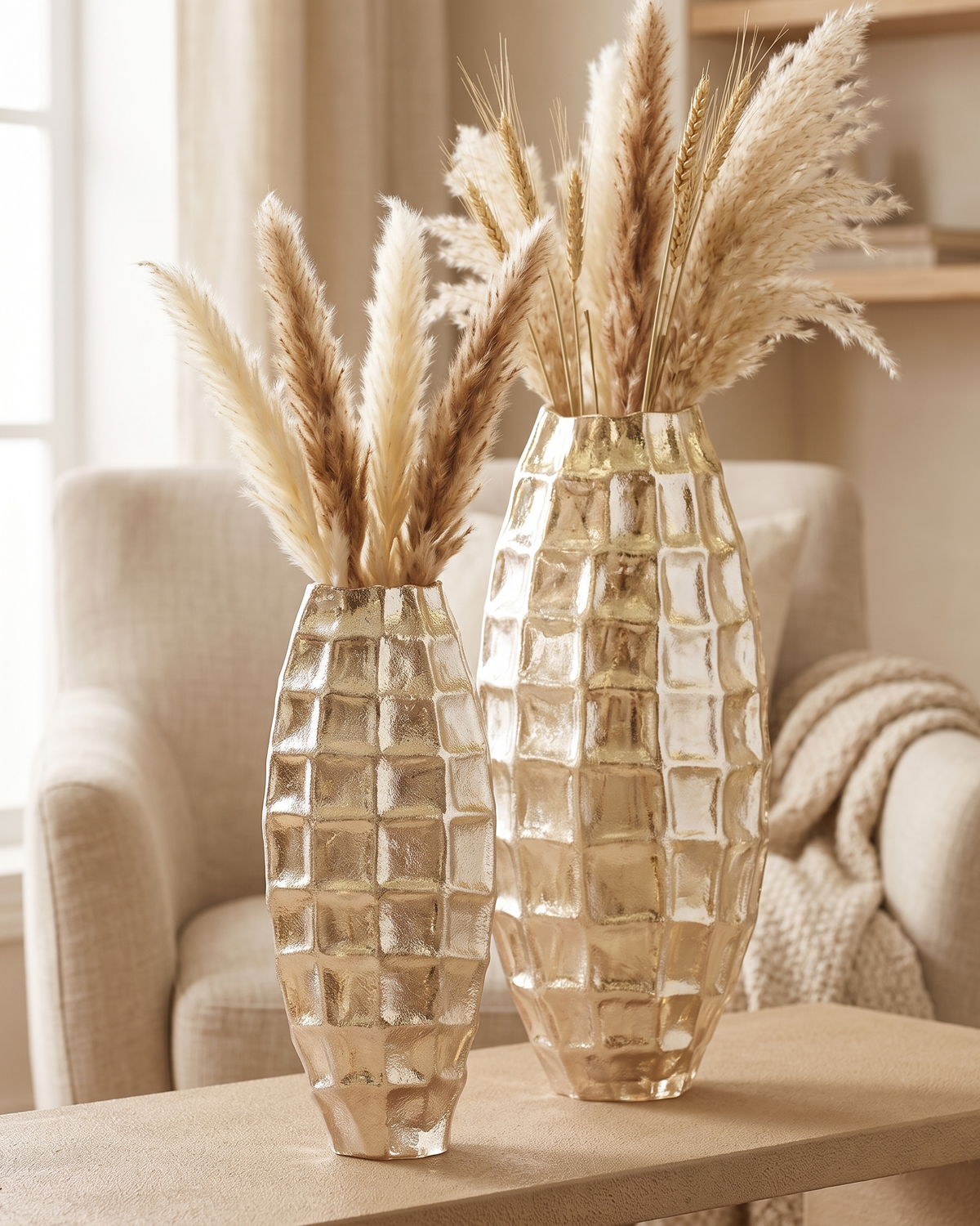 Origami Vase I Medium - styled with dried pampas stems on a warm beige console in a cosy interior