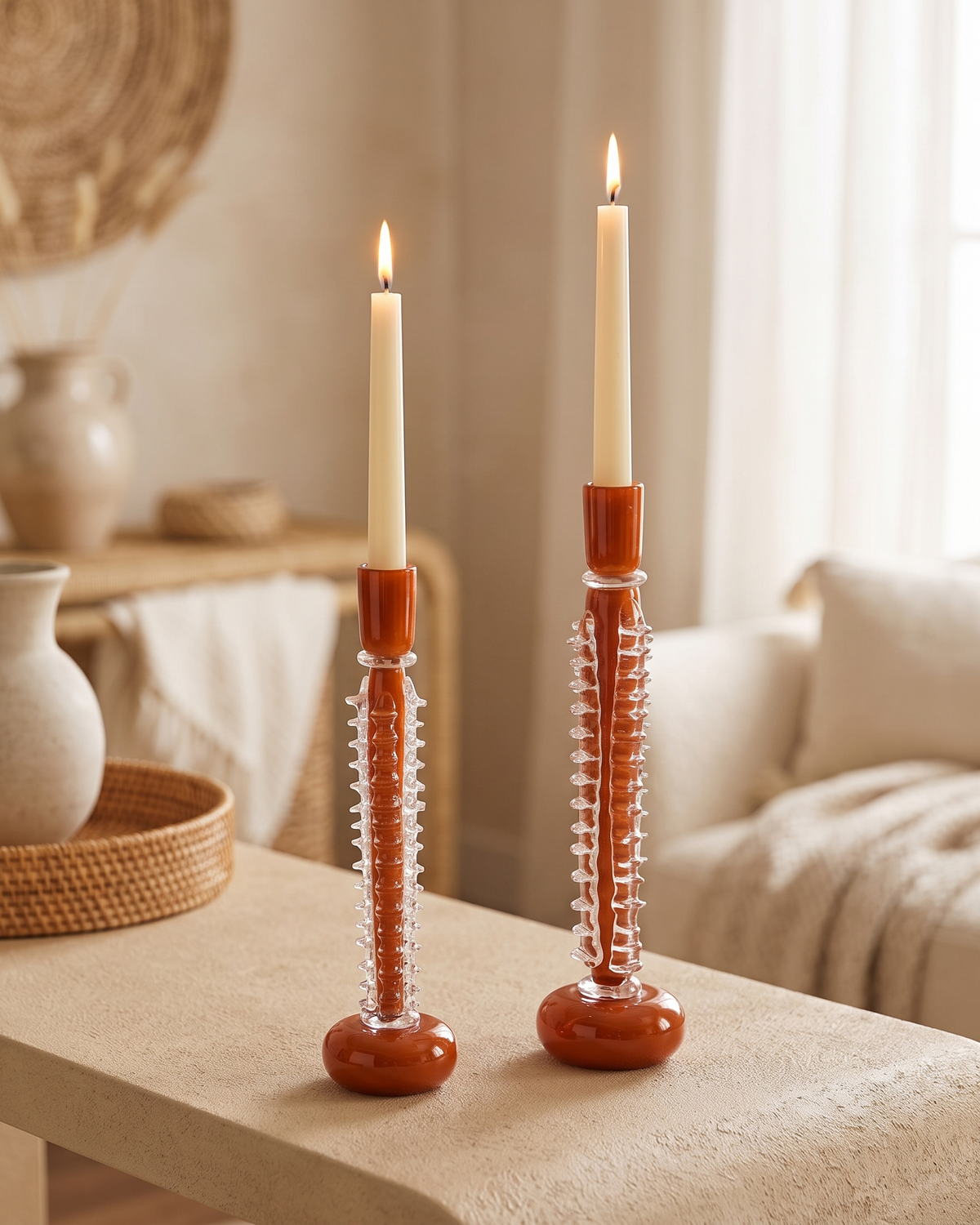 Ridged Glass Candle Holder Medium - with lit candle, styled on a warm beige console in a cosy interior