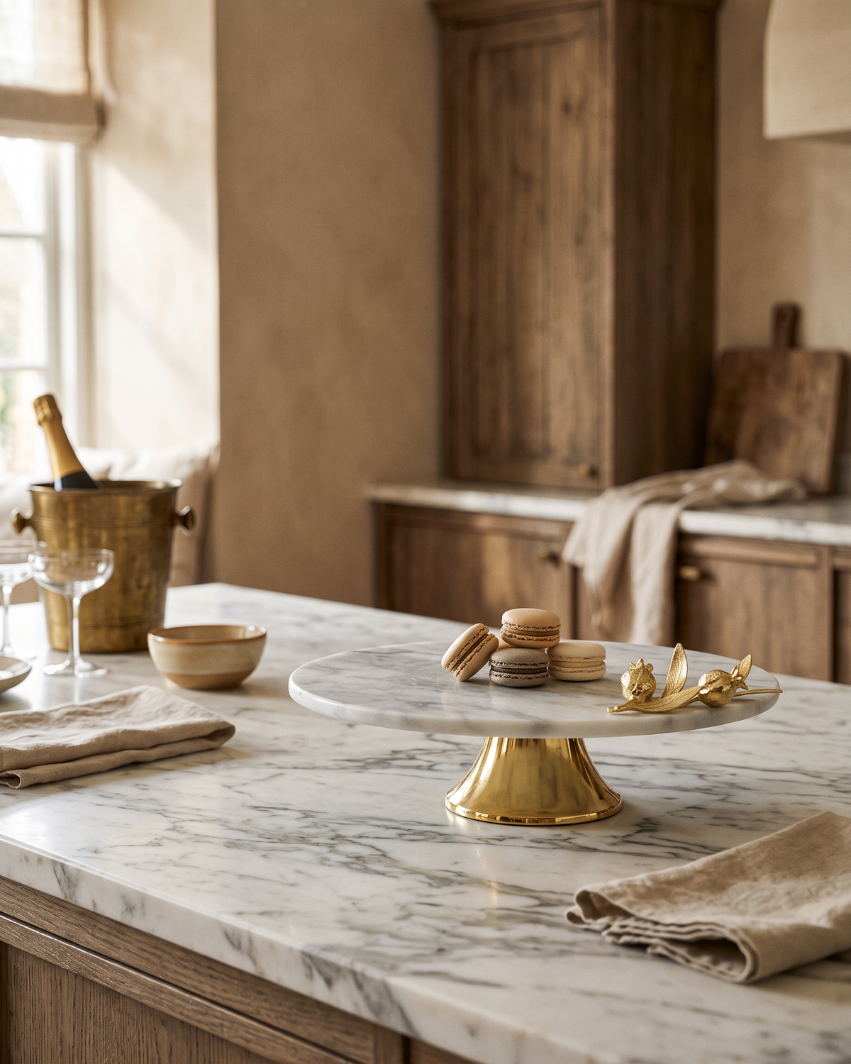 White Marble Serving Stand with Gold Pomegranate (One Piece) styled in a warm interior