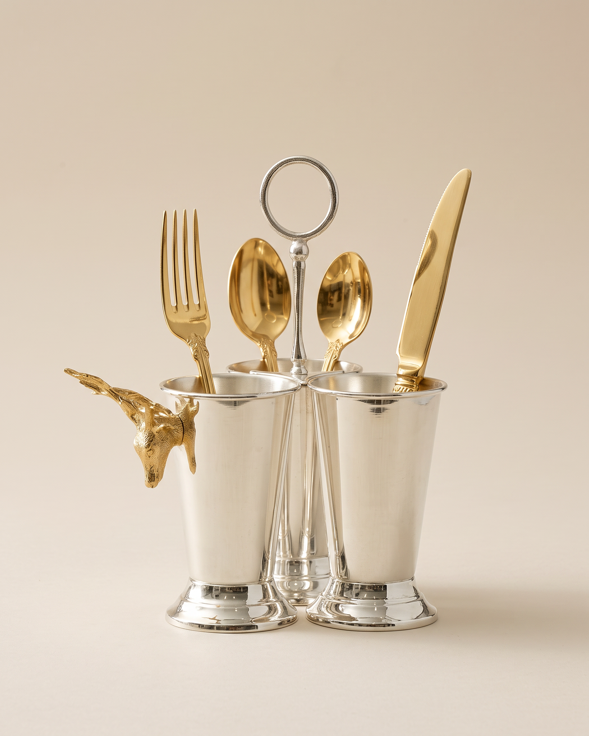 Silver Triple Cup Cutlery Holder with Gold Deer (One Piece) on a warm ivory studio background