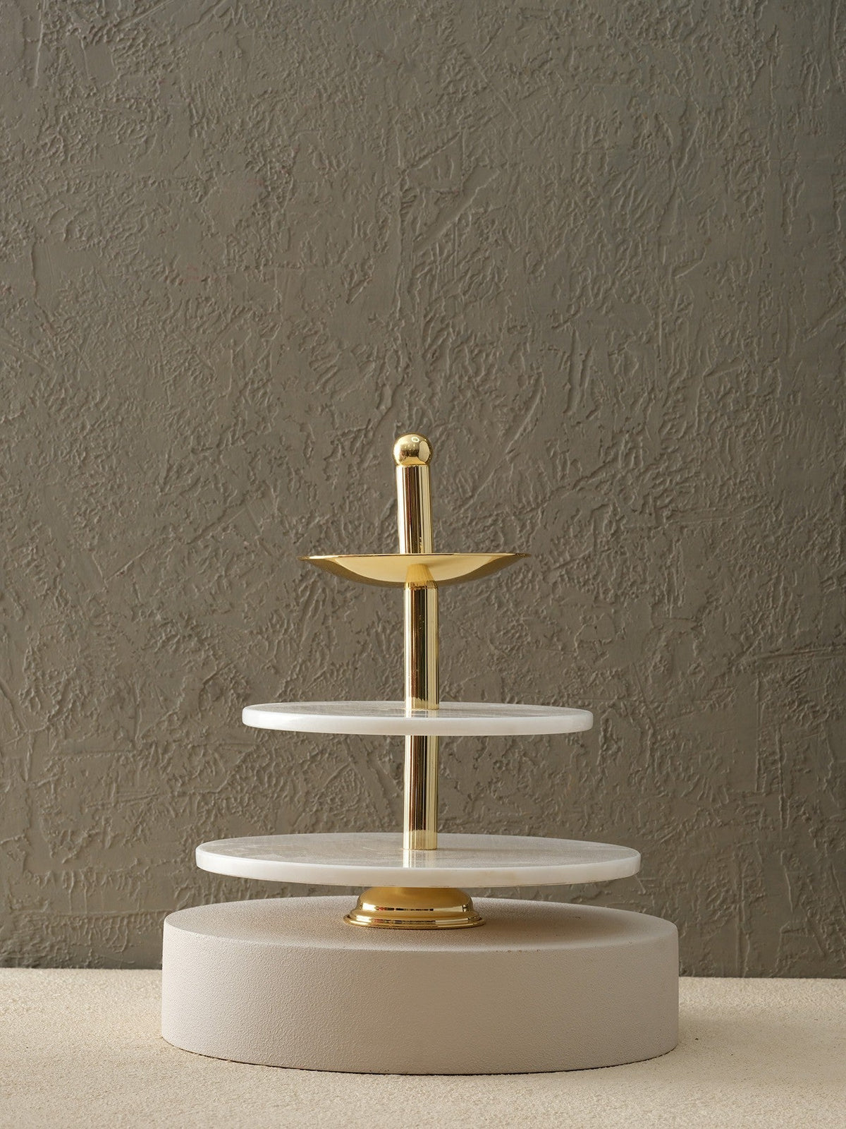 Three - Tier White Marble Serving Stand With Gold Finish - Alfiq's Store