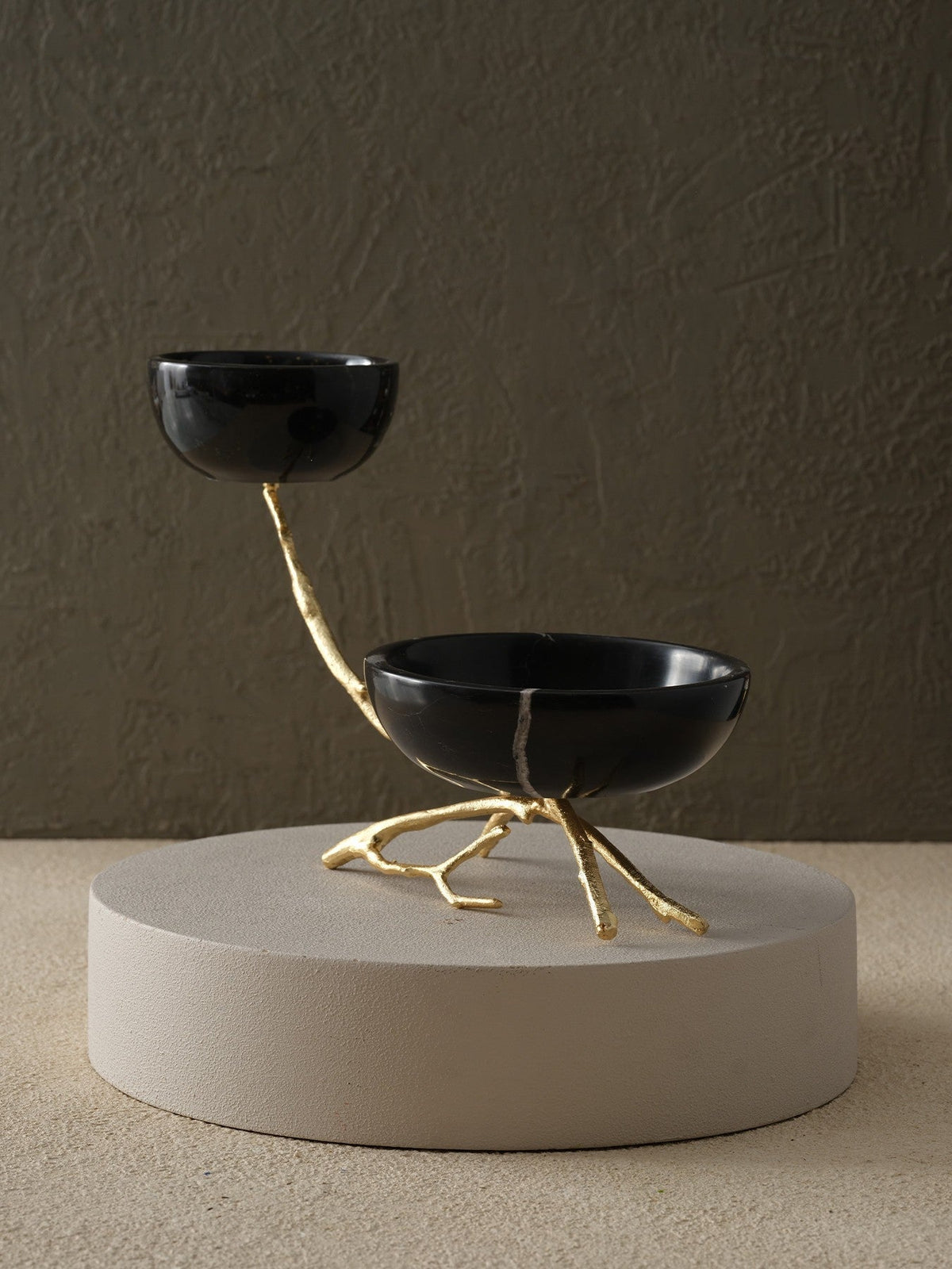 Two - Tier Black Marble Serving Bowls With Gold Branch Base - Alfiq's Store