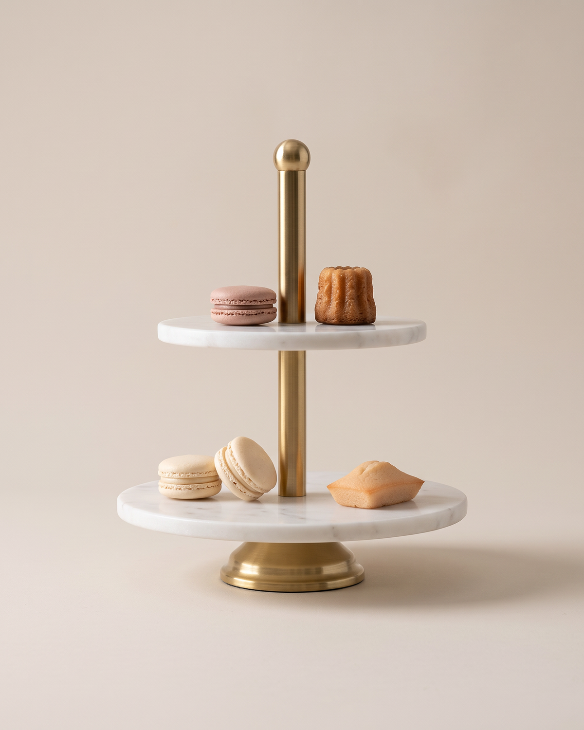 Two-Tier White Marble Serving Stand, Gold (One Piece) on a warm ivory studio background