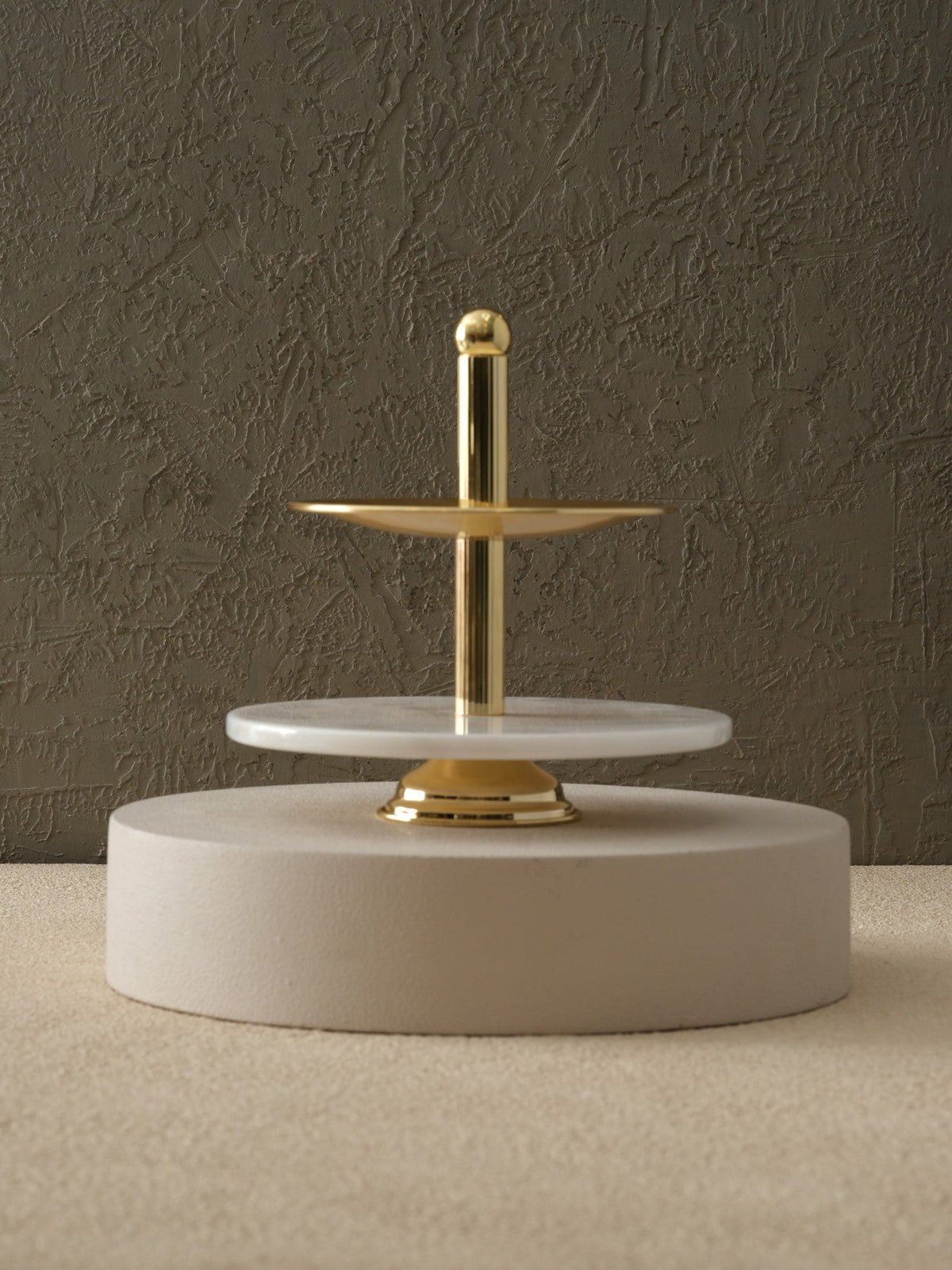 Two - Tier White Marble Serving Stand With Gold Finish - Alfiq's Store