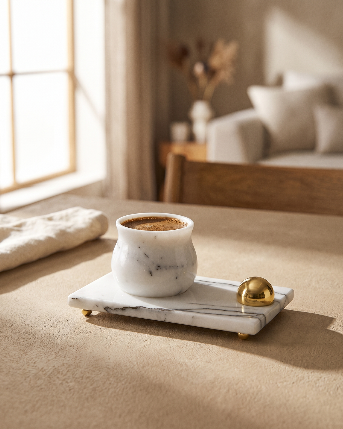 White Marble Espresso Cup with Serving Tray (One Piece) styled in a warm interior