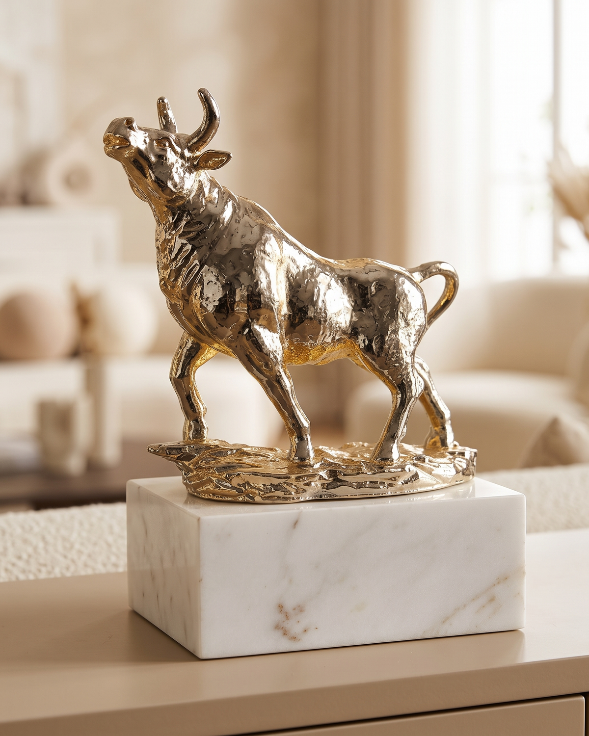 XL Bull Decorative Object - styled on a warm beige console in a cosy interior