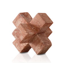 Handmade Red Travertine Sculpture for Shelf Styling Geometric Plus Shape