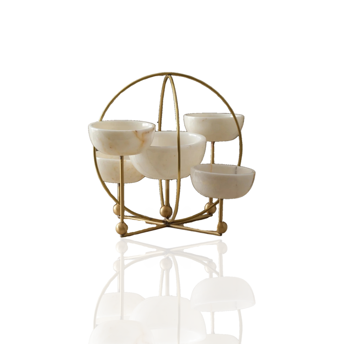 Planetary Marble Snack Bowl Set with Brass Stand – Sculptural 5-Bowl Serving Piece