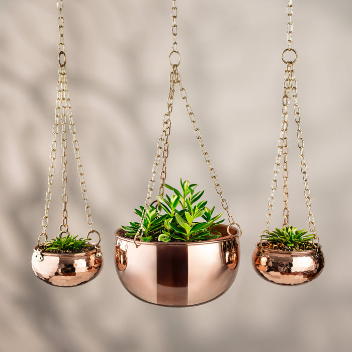 Solid Copper Hanging Planter Set Of 3 With Brass Chains