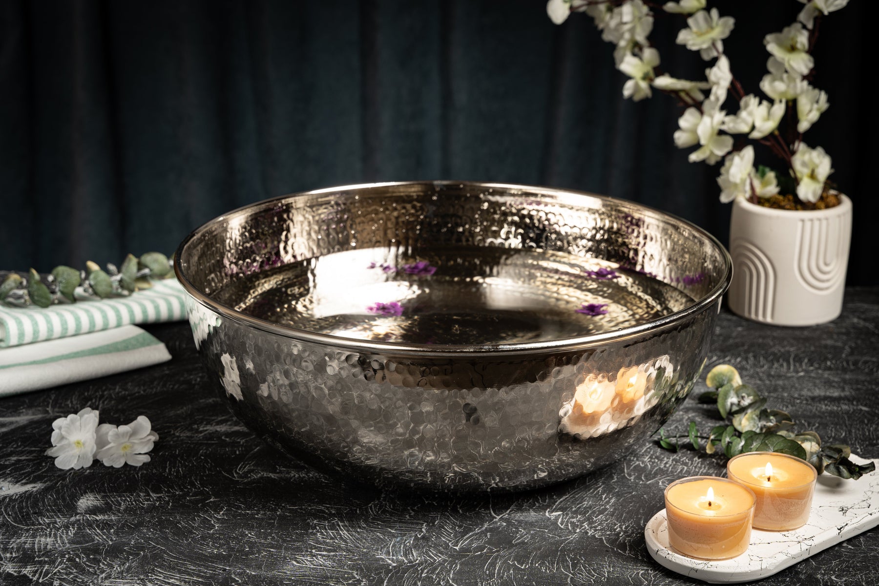 Handcrafted Hammered Copper Foot Soak Bowl – Silver Finish Ayurvedic Spa Basin