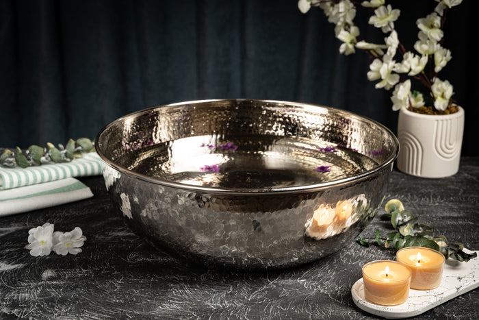 Handcrafted Hammered Copper Foot Soak Bowl – Silver Finish Ayurvedic Spa Basin