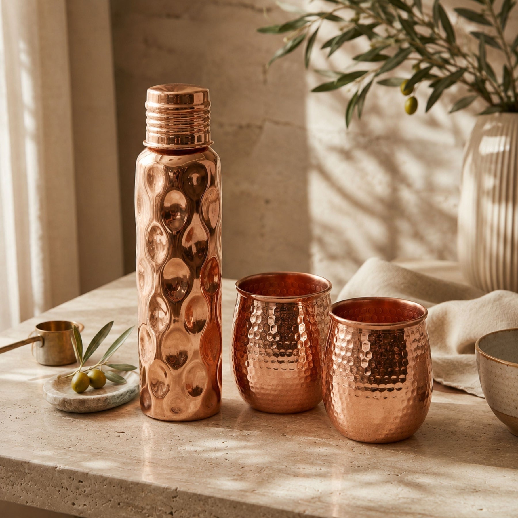 Hammered Pure Copper Water Bottle & Tumblers Gift Set