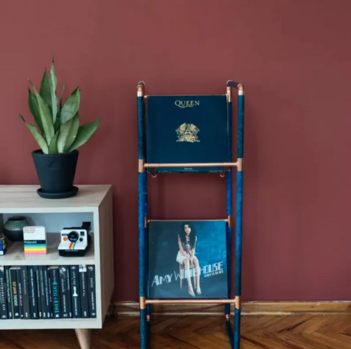 Verdigris Patina Copper Vinyl Record Stand – Handmade Minimalist Vintage Décor