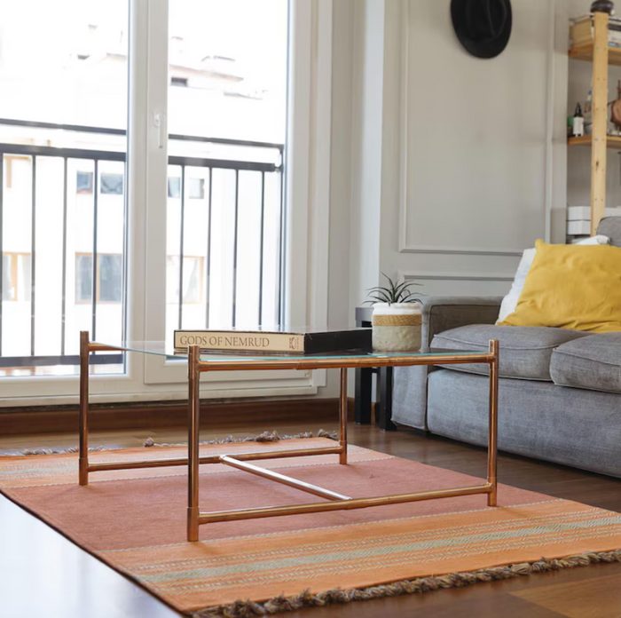Handcrafted Copper & Glass Coffee Table – Modern Industrial Furniture Design