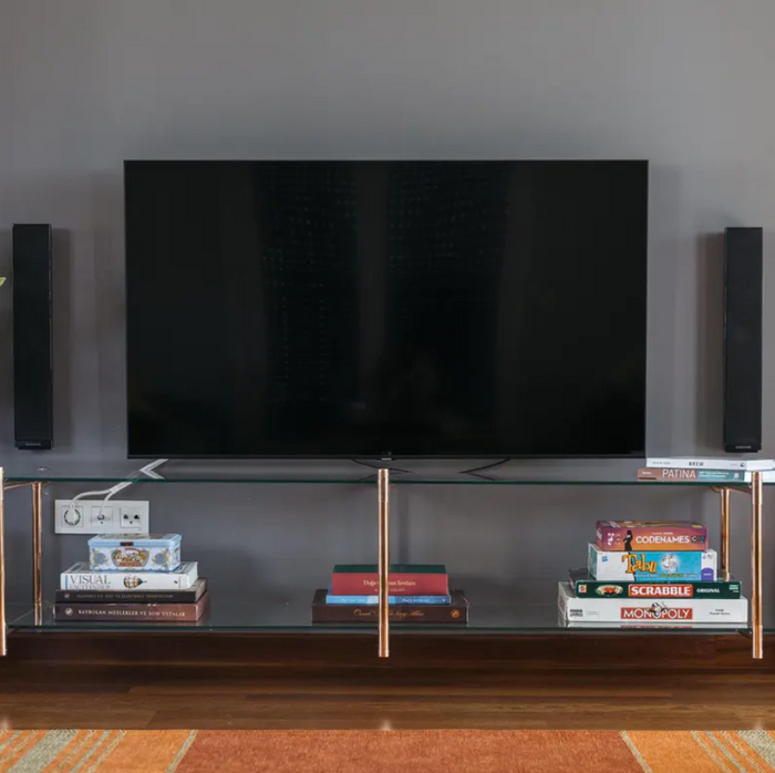 Handcrafted Copper TV Stand with Storage | Modern Industrial Copper Entertainment Unit