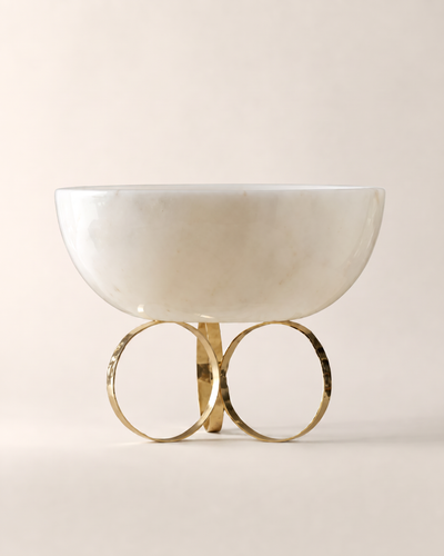 Marble Decorative Bowl with Ring Brass Base – White Marble & Gold Accent