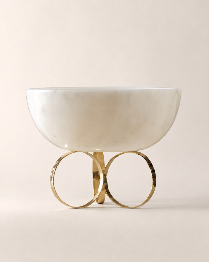 Marble Decorative Bowl with Ring Brass Base – White Marble & Gold Accent